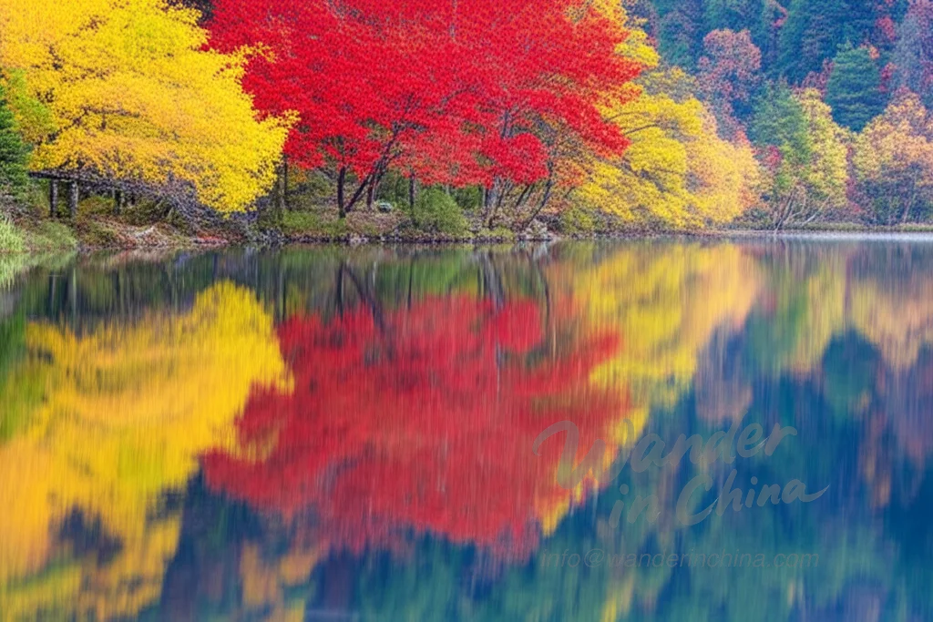 Reflejos otoñales en el lago Espejo, Jiuzhaigou.