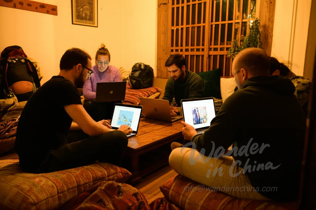 Backpacker unterhalten sich in einem Gemeinschaftsraum eines Lijiang Hostels.