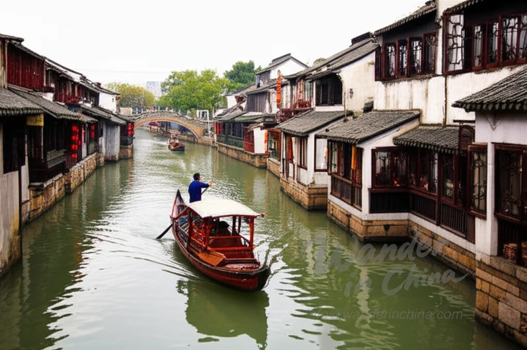 Canal scene in Zhujiajiao Water Town with traditional architecture.