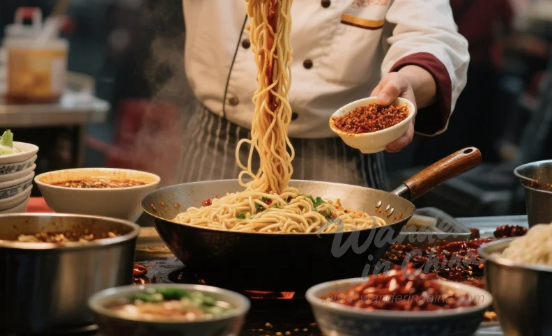 Chef Preparing Chongqing Xiaomian at Street Food Stall.