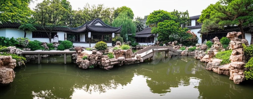 Klassischer Suzhou-Garten mit Teich und Pavillon.