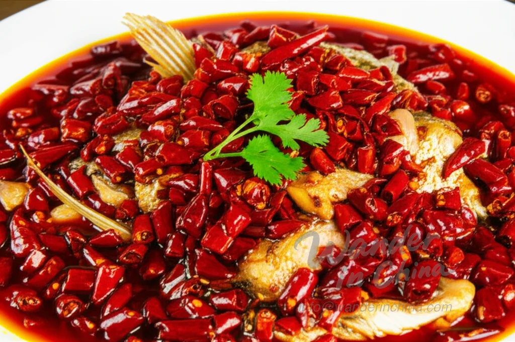 Close-up of Chili Fish Head, a famous spicy Hunan dish.