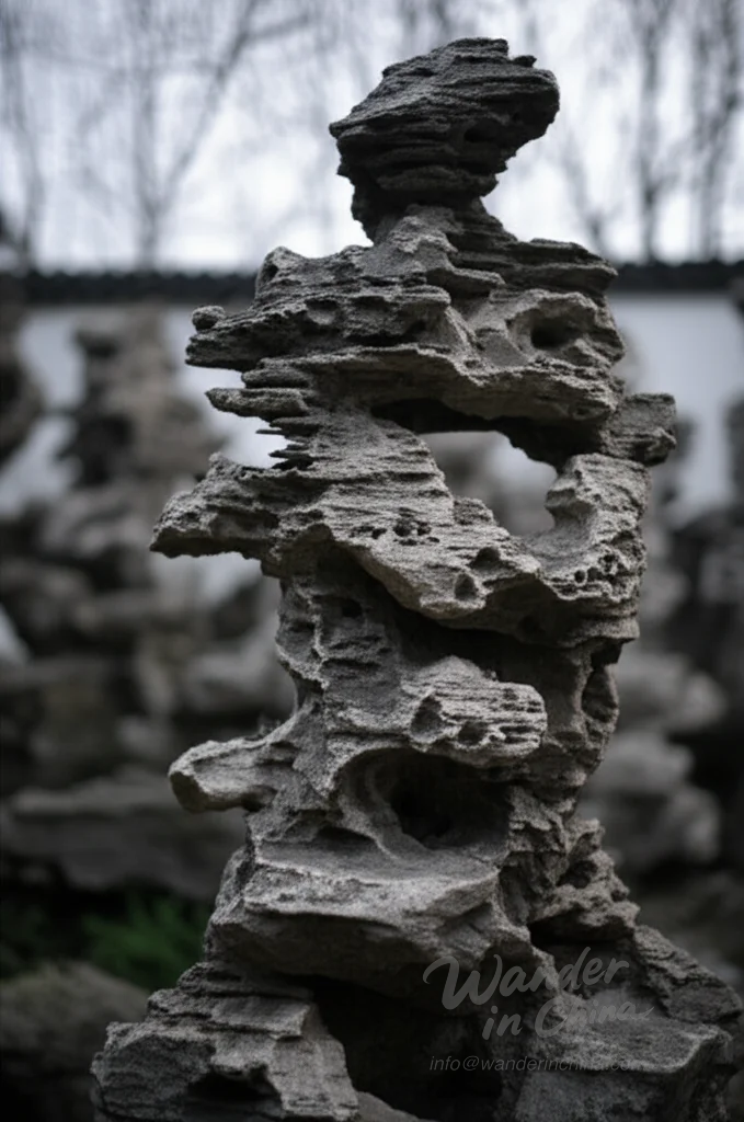 Wolkenbedeckte Gipfel-Felsformation im Verweilgarten.