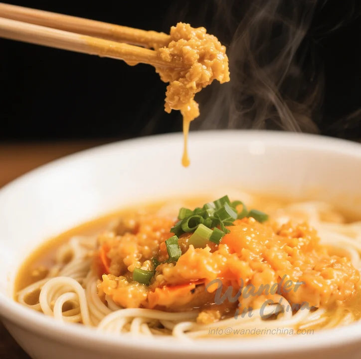 Close-up of Crab Roe Noodles sauce