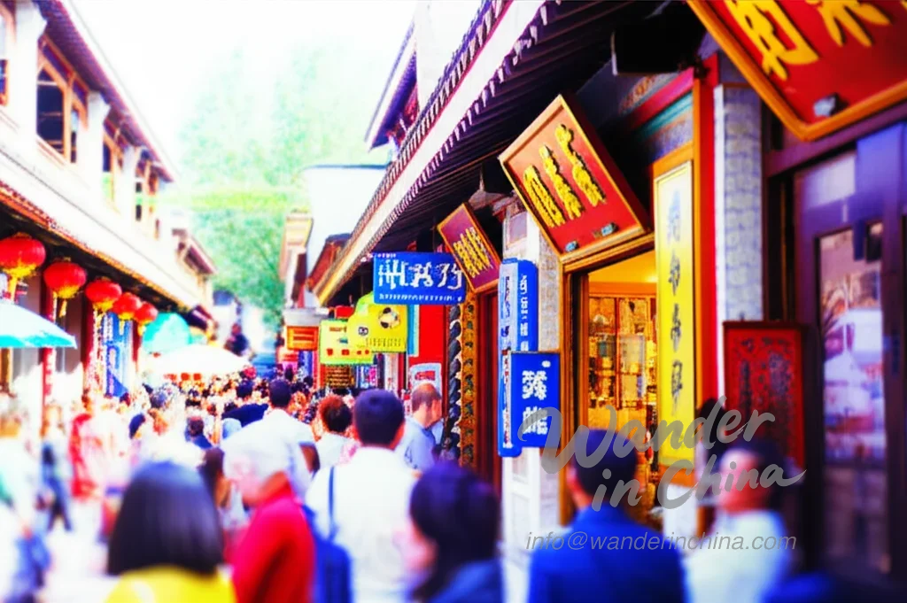 Crowded street scene in Nanluoguxiang Hutong, Beijing.