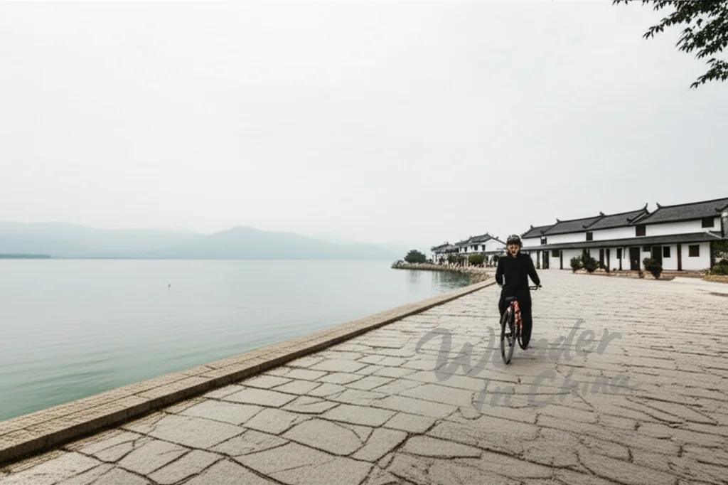 喜洲村近くの洱海沿いをサイクリングする人