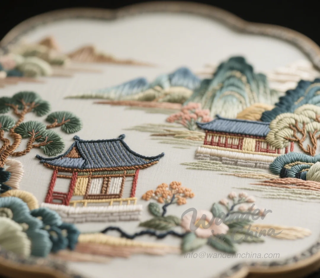 Detaillierte Suzhou Stickerei Landschaft.
