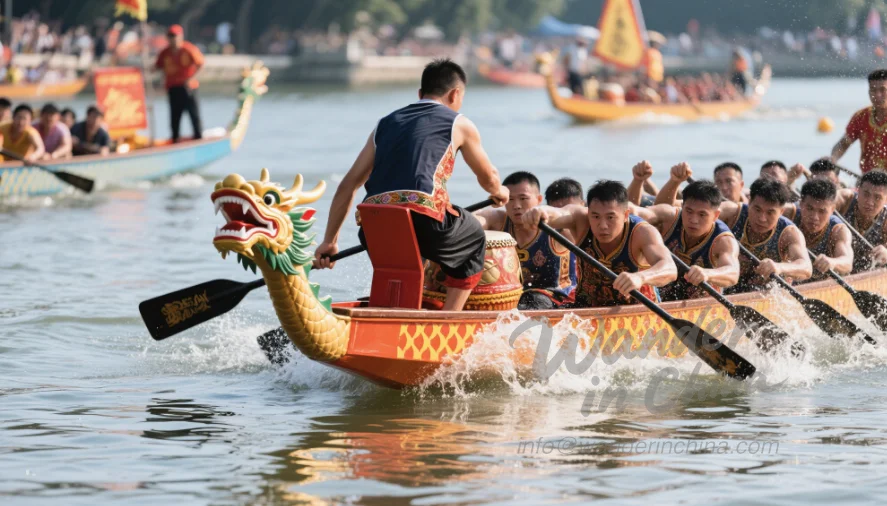 Course de bateaux-dragons dynamique sur la rivière des Perles à Guangzhou pendant la Fête des Bateaux-Dragons, montrant des rameurs en compétition.