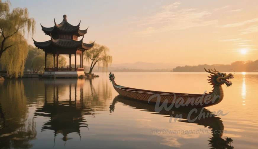 Vue panoramique d’un bateau-dragon sur un lac près d’une architecture traditionnelle à Hangzhou pendant la Fête des Bateaux-Dragons.