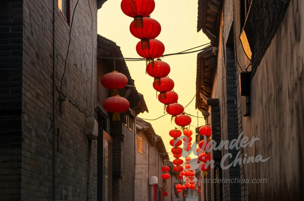 Exploring a traditional Beijing hutong at sunset.
