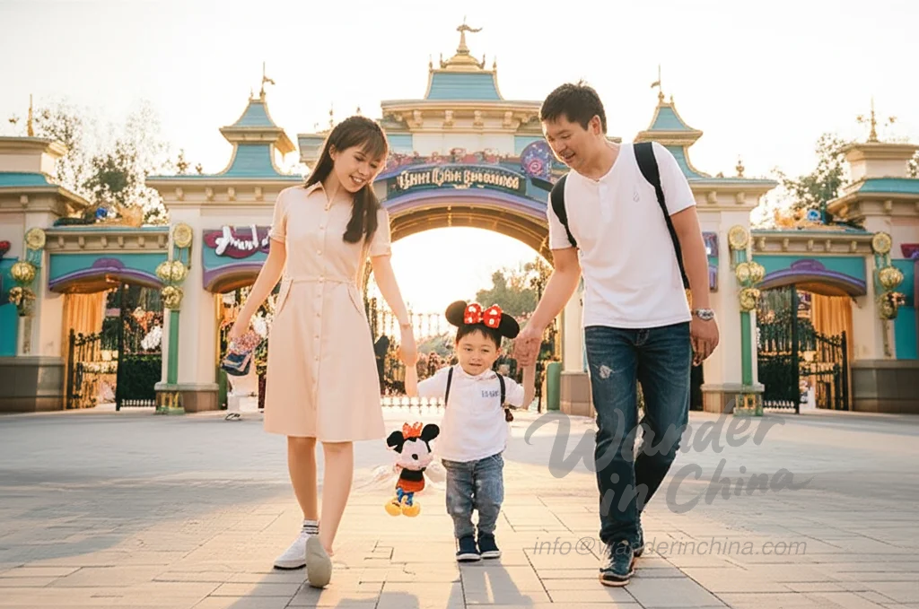 Familia llegando a Disneylandia de Shanghái con un niño pequeño.