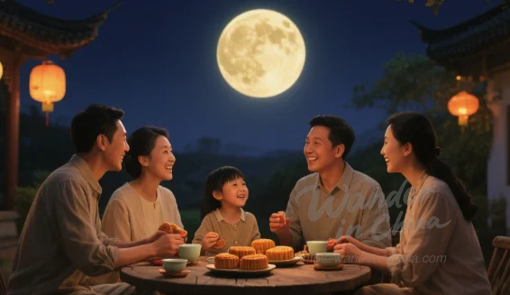 ครอบครัวเฉลิมฉลองเทศกาลไหว้พระจันทร์ในประเทศจีนใต้พระจันทร์เต็มดวง