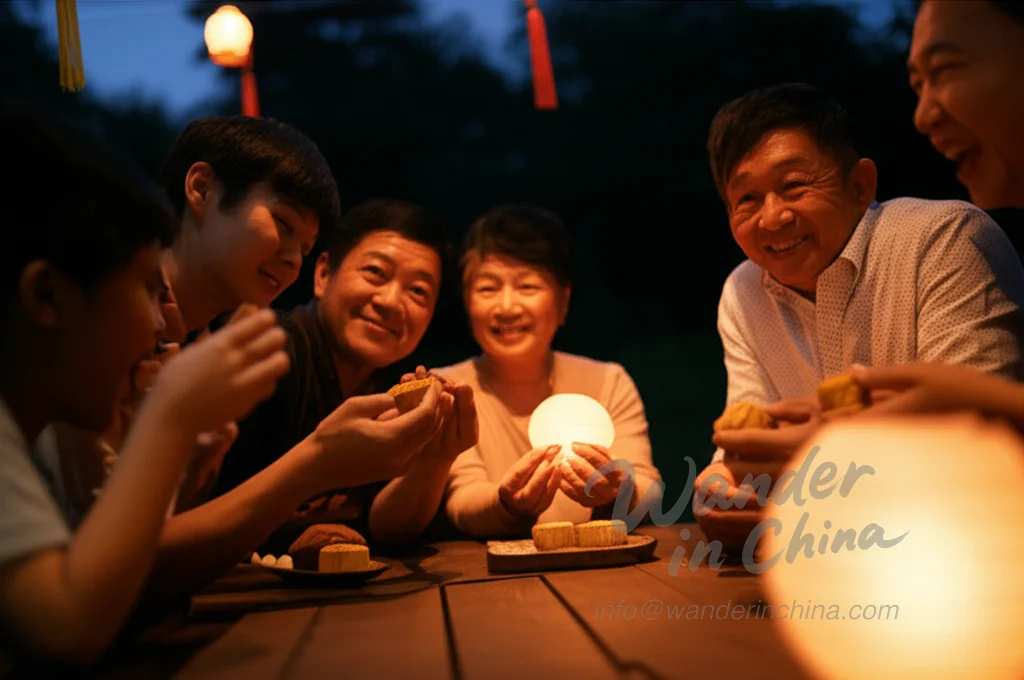 Famille partageant des gâteaux de lune pendant la fête de la mi-automne.