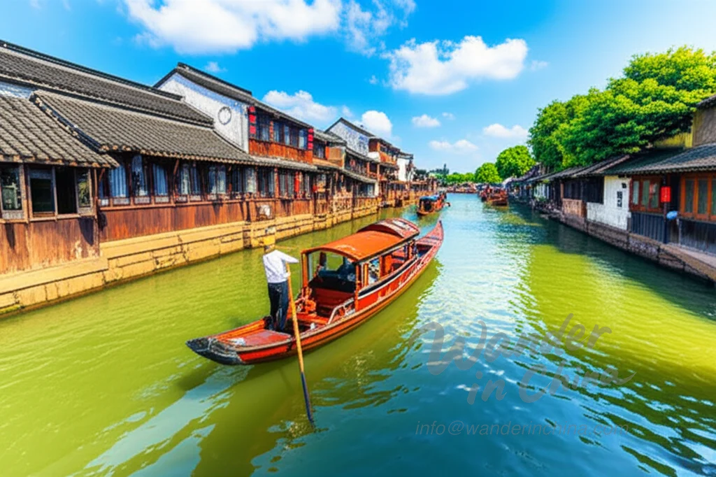 เรือกอนโดลาในคลองในเมืองน้ำโจวจวง
