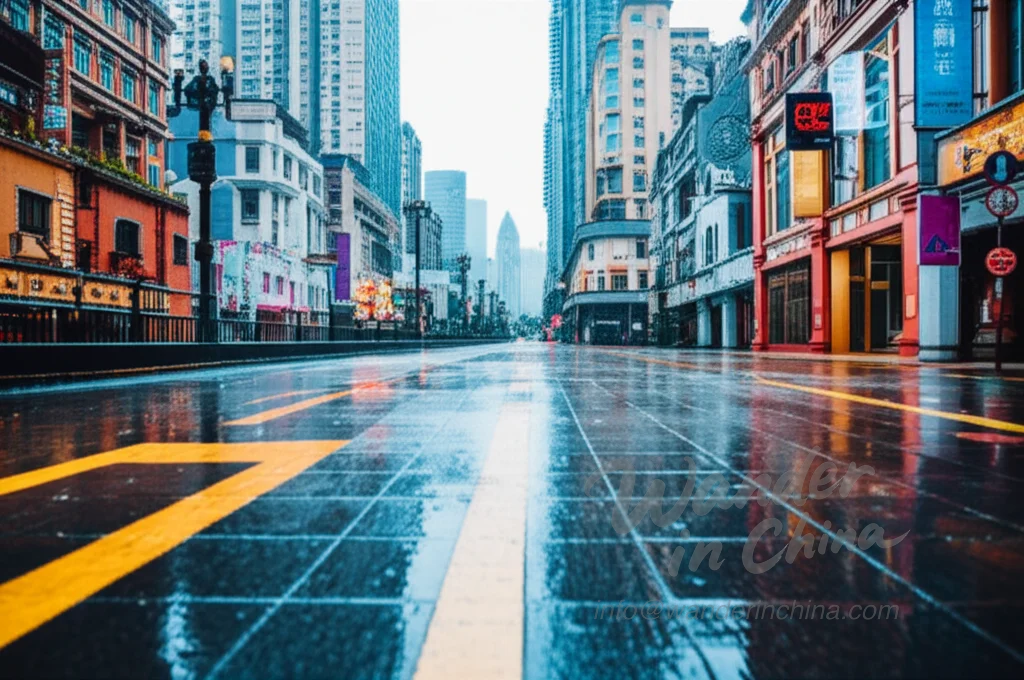 广州城市景观在阵雨期间。