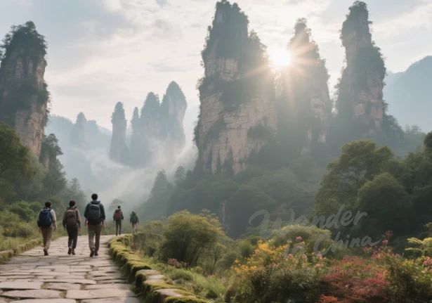Hikers on a stone path in Zhangjiajie National Forest Park.