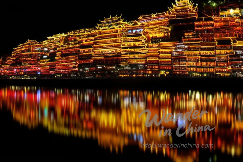 Hongyadong night view with river reflection.