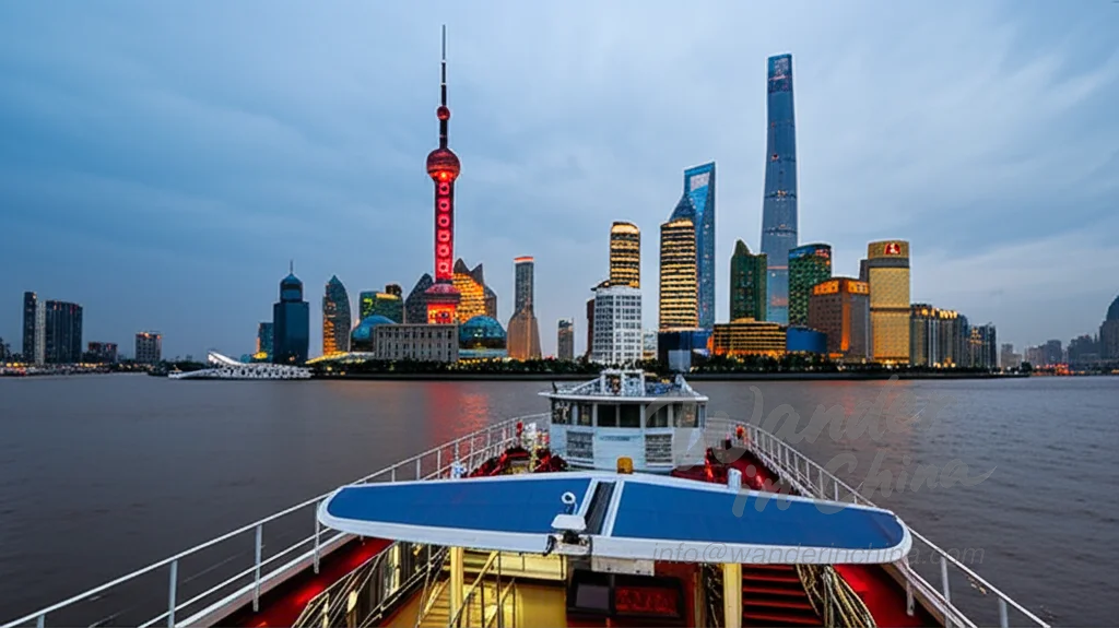 Huangpu River cruise at dusk with Shanghai skyline.
