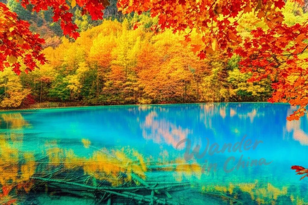 Colores de otoño del valle de Jiuzhaigou lago turquesa.