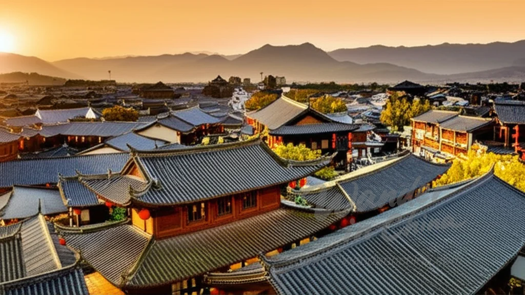 Altstadt von Lijiang bei Sonnenuntergang.