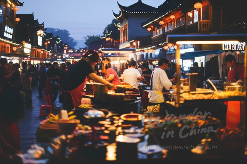 ตลาดอาหารริมทางลิเจียงยามพลบค่ำ.