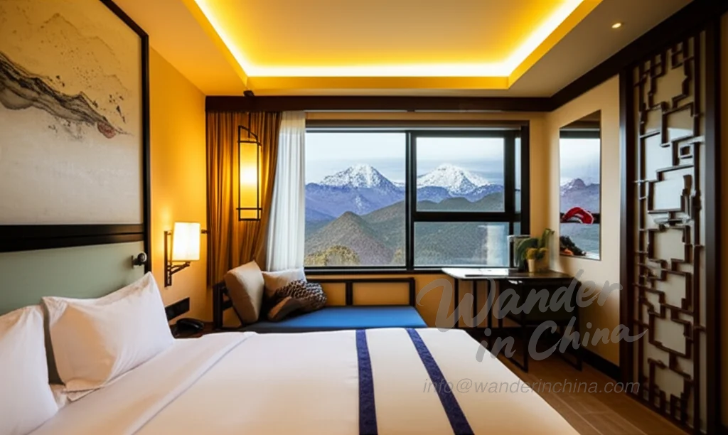 Luxuriöses Hotelzimmer mit Blick auf den Jade Dragon Snow Mountain in Lijiang.