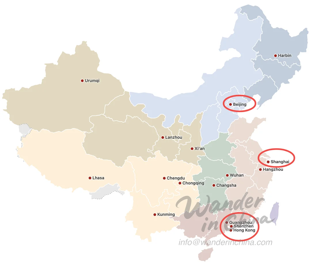 Map of China highlighting major layover cities.