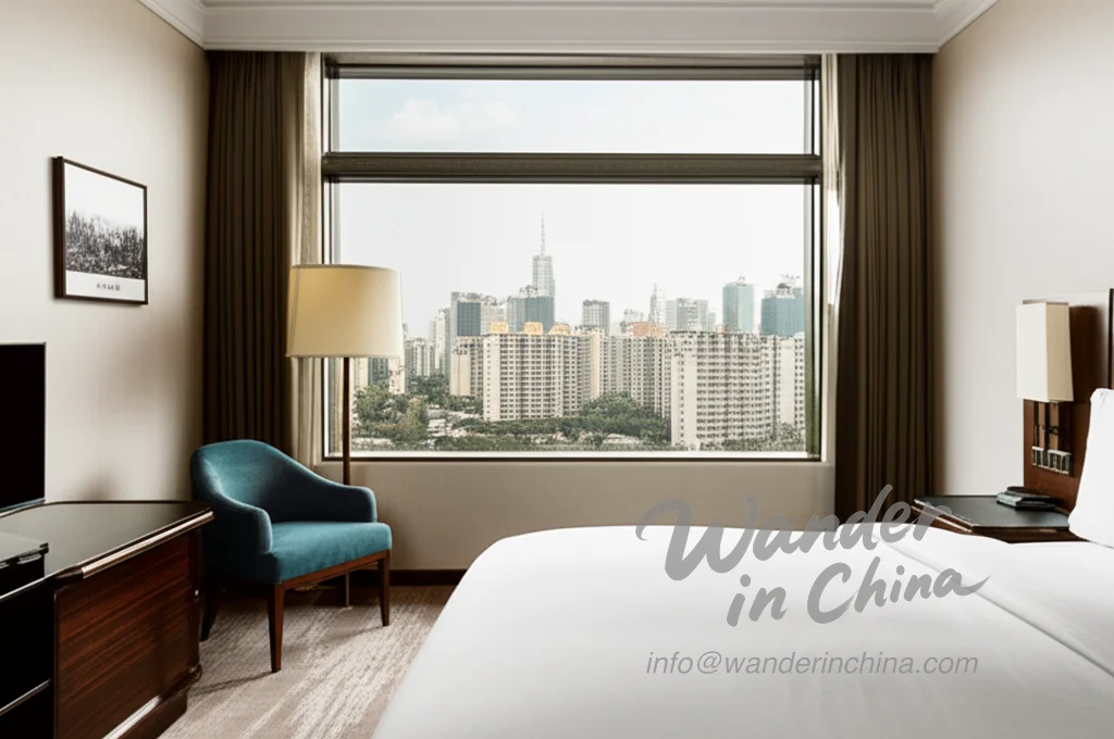 Modern hotel room in Chongqing with city view.