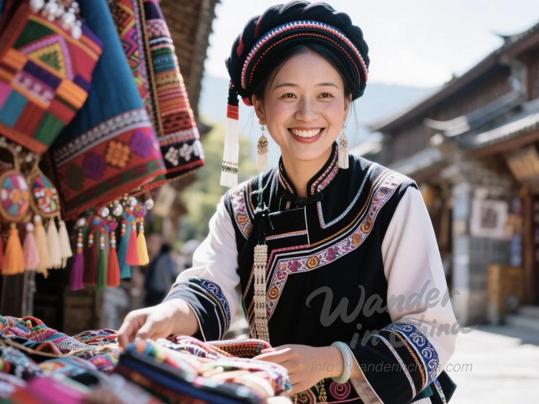 Naxi-Frau verkauft Kunsthandwerk in Shuhe.