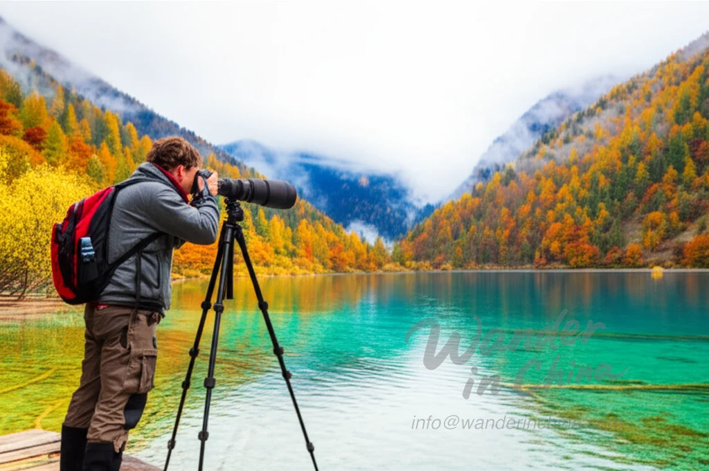 Fotógrafo capturando los colores del otoño en el lago de las Cinco Flores, Jiuzhaigou.