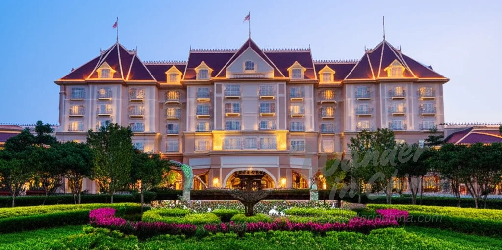 Exterior del Shanghai Disneyland Hotel al anochecer.