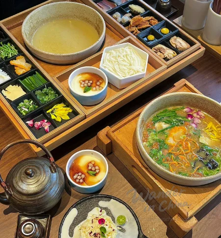 쿤밍에서 김이 모락모락 나는 다리를 건너는 국수 (궈차오미셴) 한 그릇.