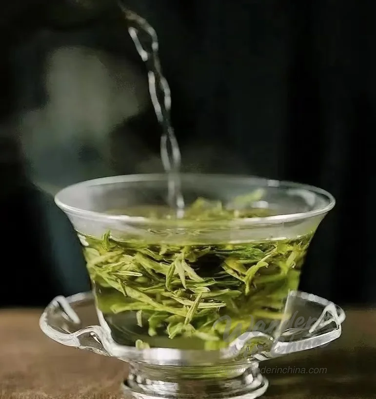 Steaming Longjing tea overlooking West Lake.
