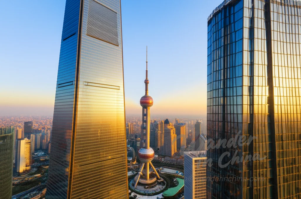 从上海环球金融中心天空步道眺望金茂大厦和上海中心大厦的日落景观。
