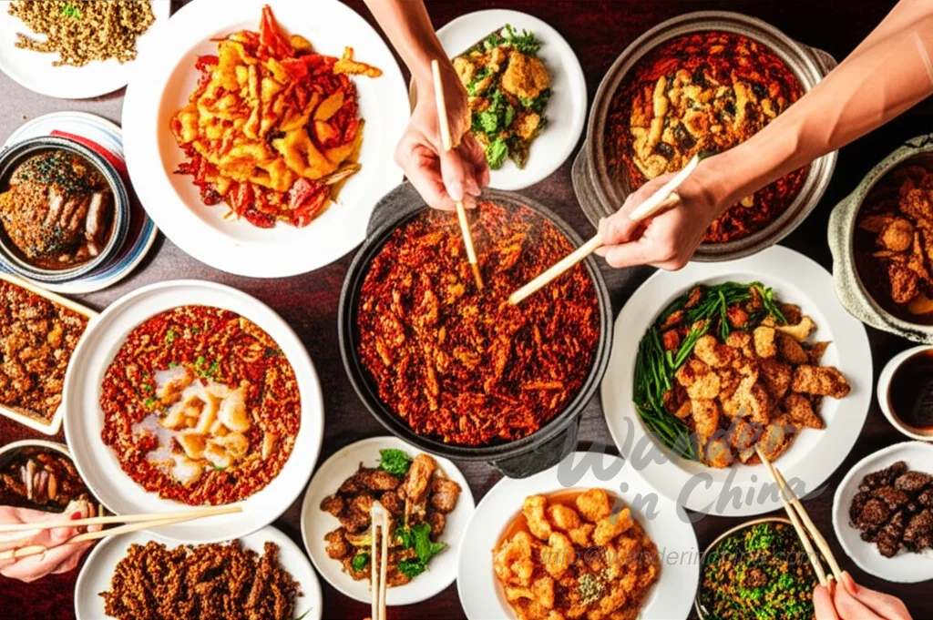 Table filled with variety of spicy Hunan dishes in Changsha.