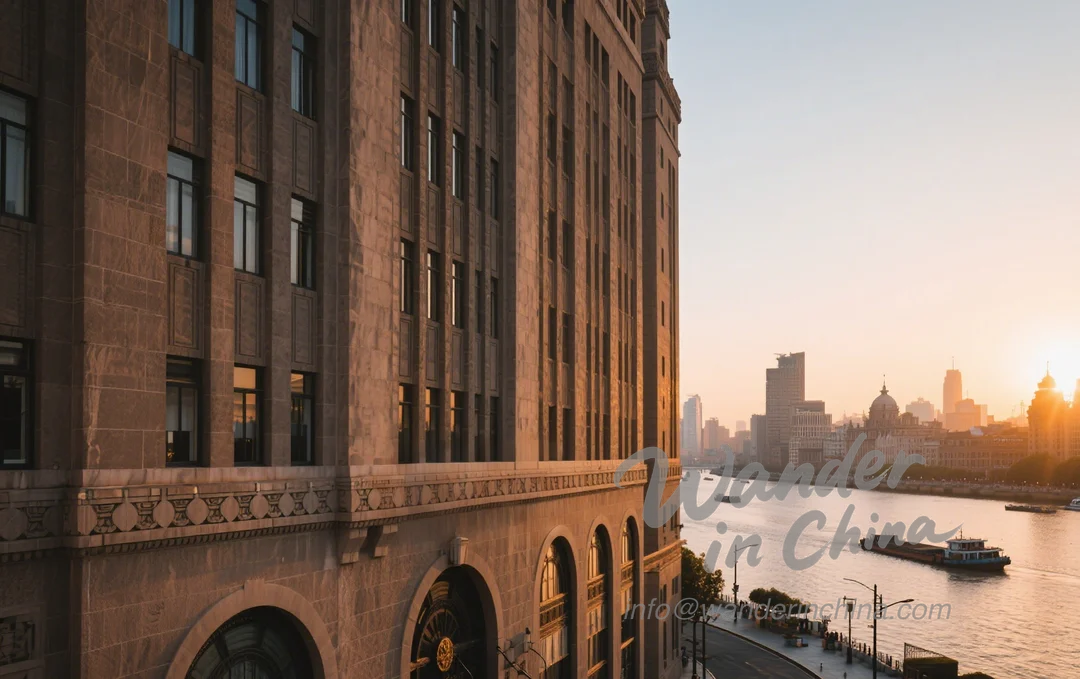 L’historique Peace Hotel sur le Bund, Shanghai, Chine, un monument chinois emblématique offrant un séjour luxueux pour votre voyage ; une destination classique en Chine pour un périple (trip) à travers la Chine.