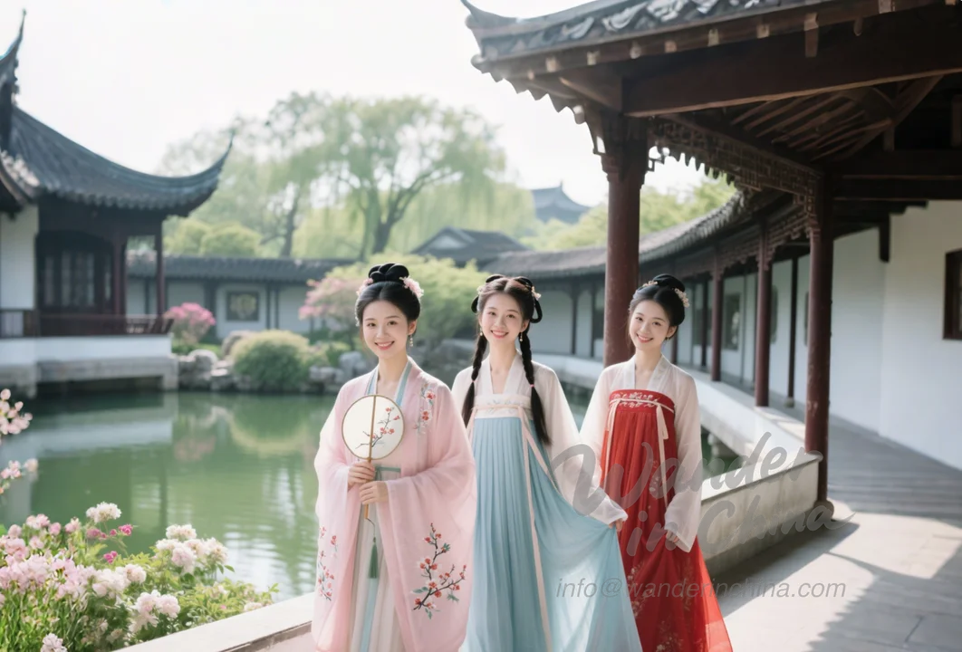 異なるスタイルの漢服を着た3人の女性。