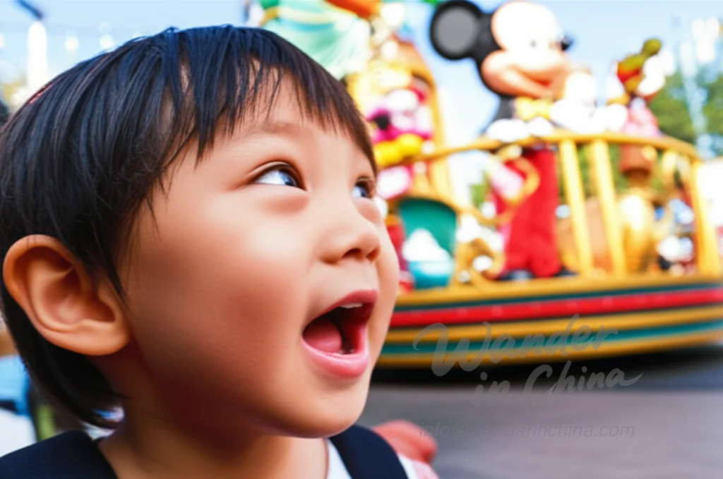 Niño pequeño viendo el desfile en Disneylandia de Shanghái.