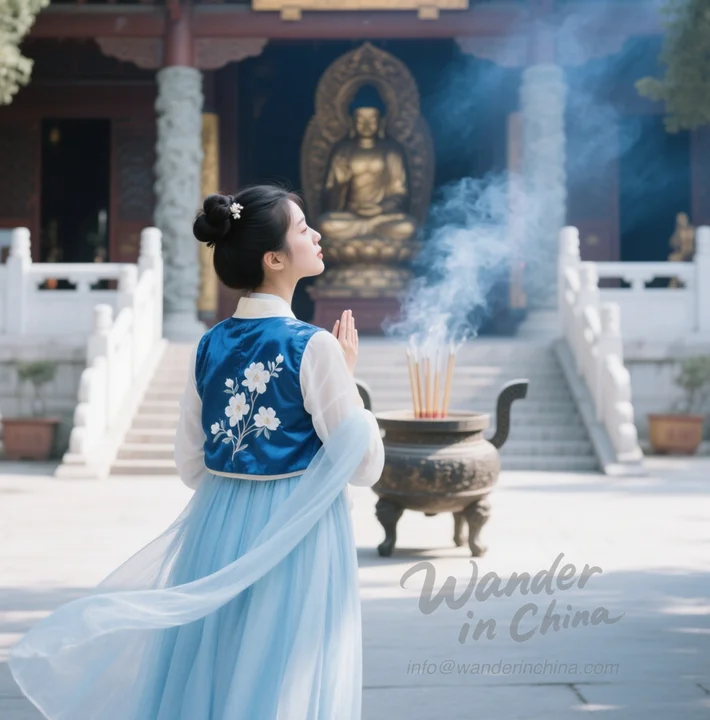 中国の寺院で漢服を敬意を払って着用している観光客。