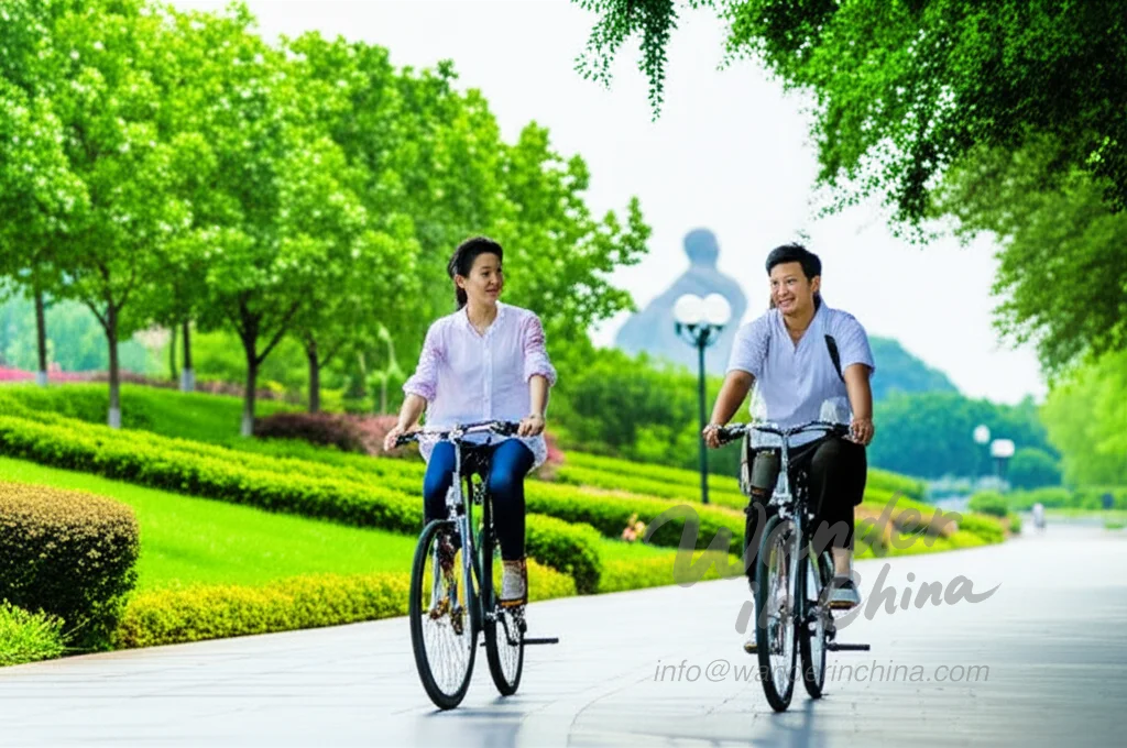 Tourists biking on Orange Isle, Changsha.