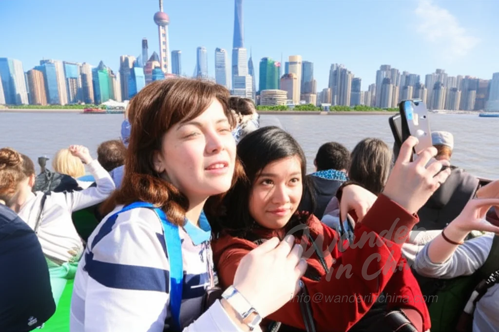 Tourists enjoying Huangpu River cruise.