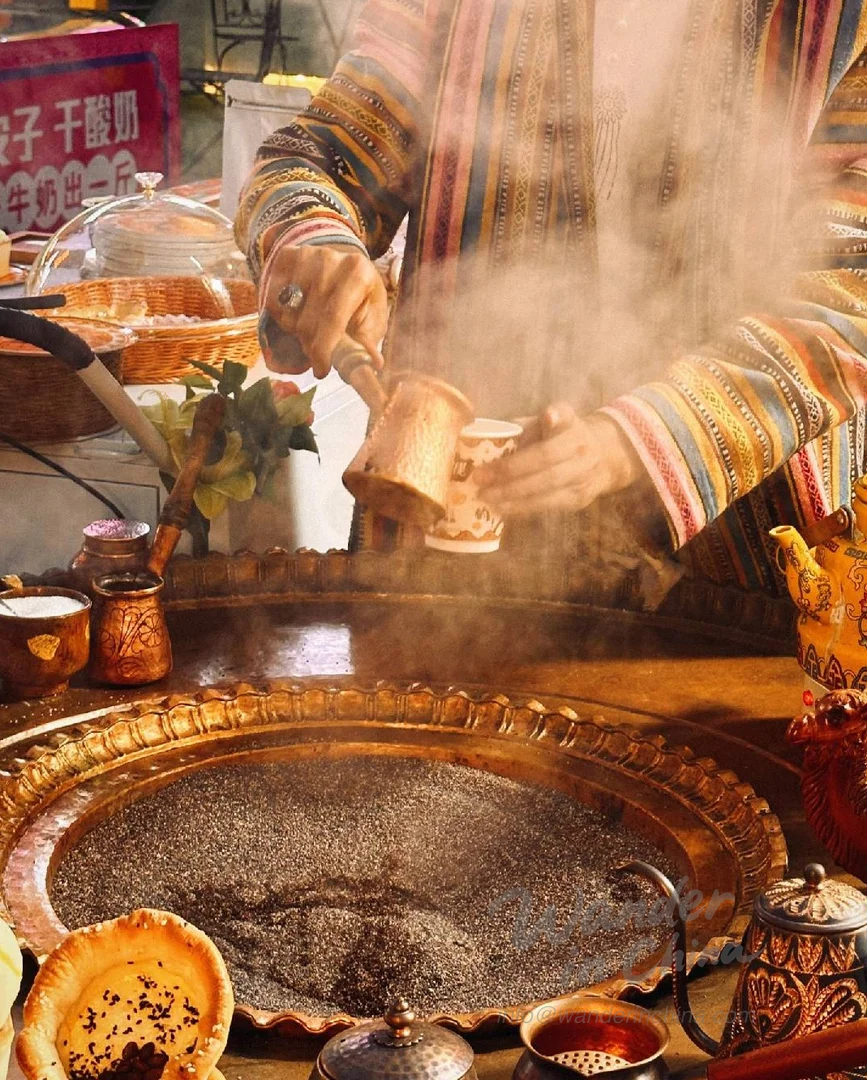 Urumqi market with spices and fresh produce.