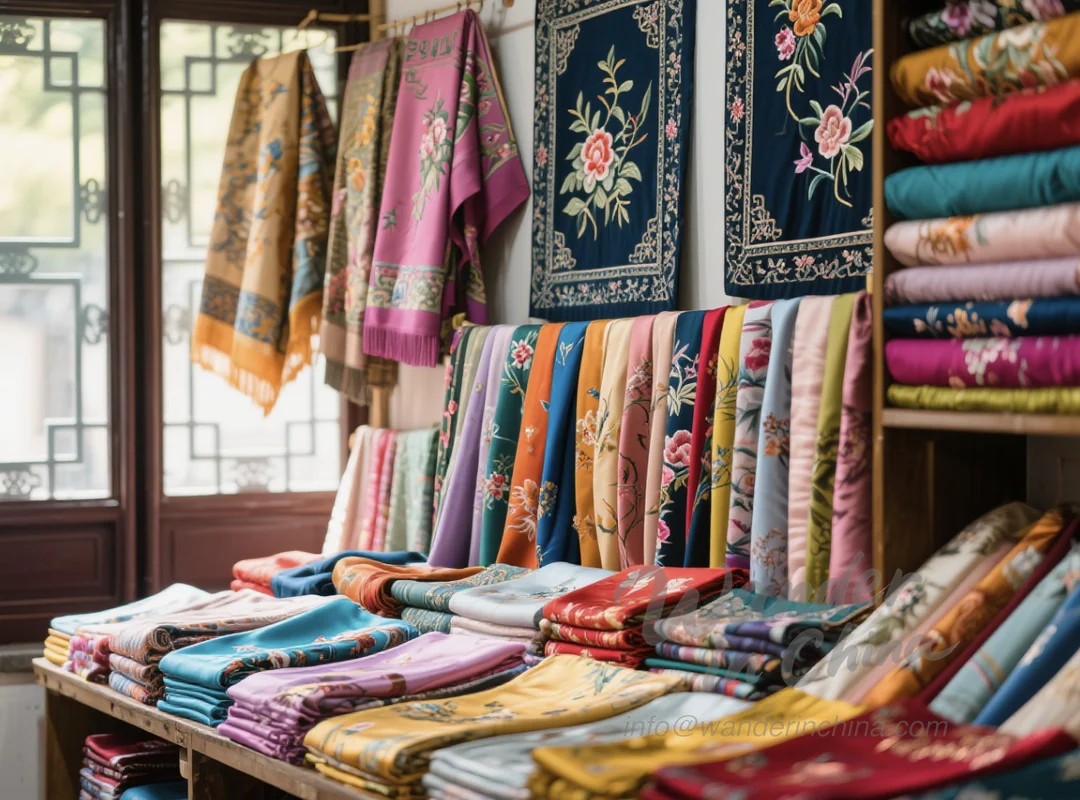 Vielfalt an Seidenprodukten zum Verkauf in Suzhou.