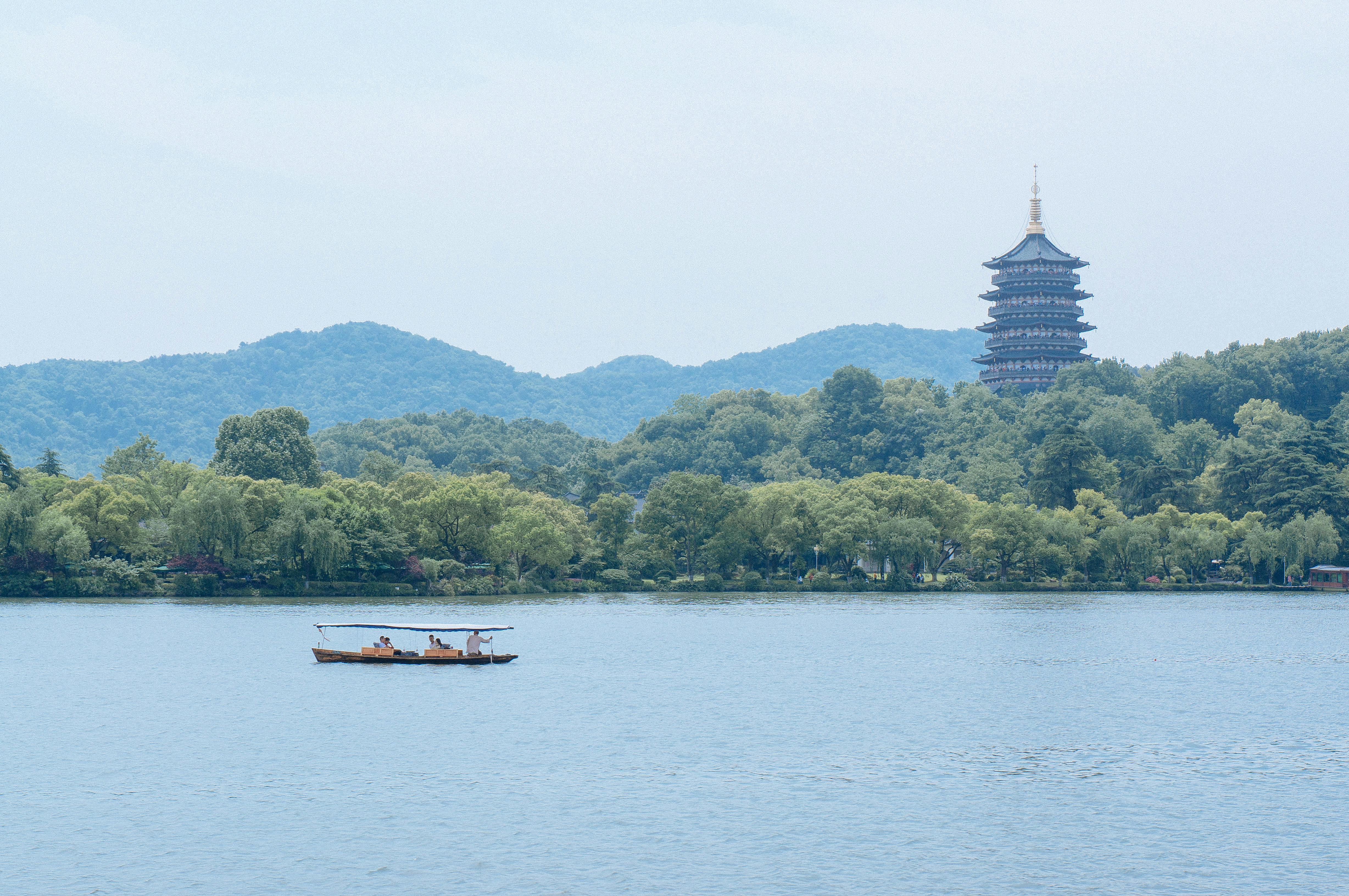 West Lake Hangzhou at Sunset with Leifeng Pagoda.