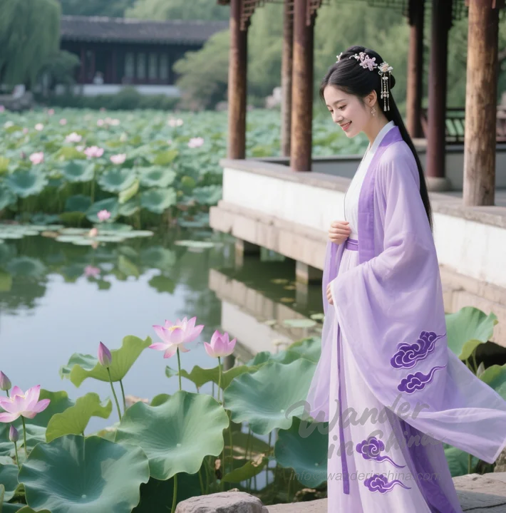 Woman wearing Hanfu in a Chinese garden.