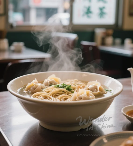 Steaming bowl of wonton noodles in Hong Kong.