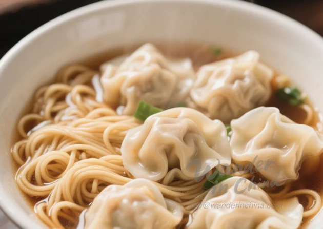 Close-up of delicious Cantonese wonton noodles in Guangzhou.