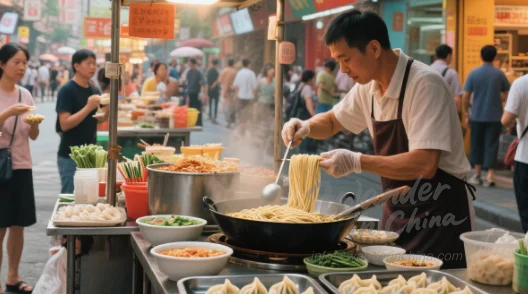 A street food vendor in Guangzhou selling wonton noodles.