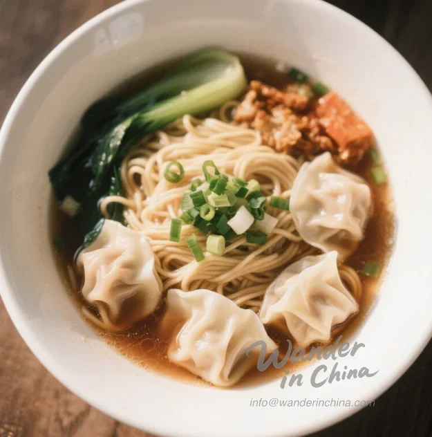 Wonton noodles with various garnishes.