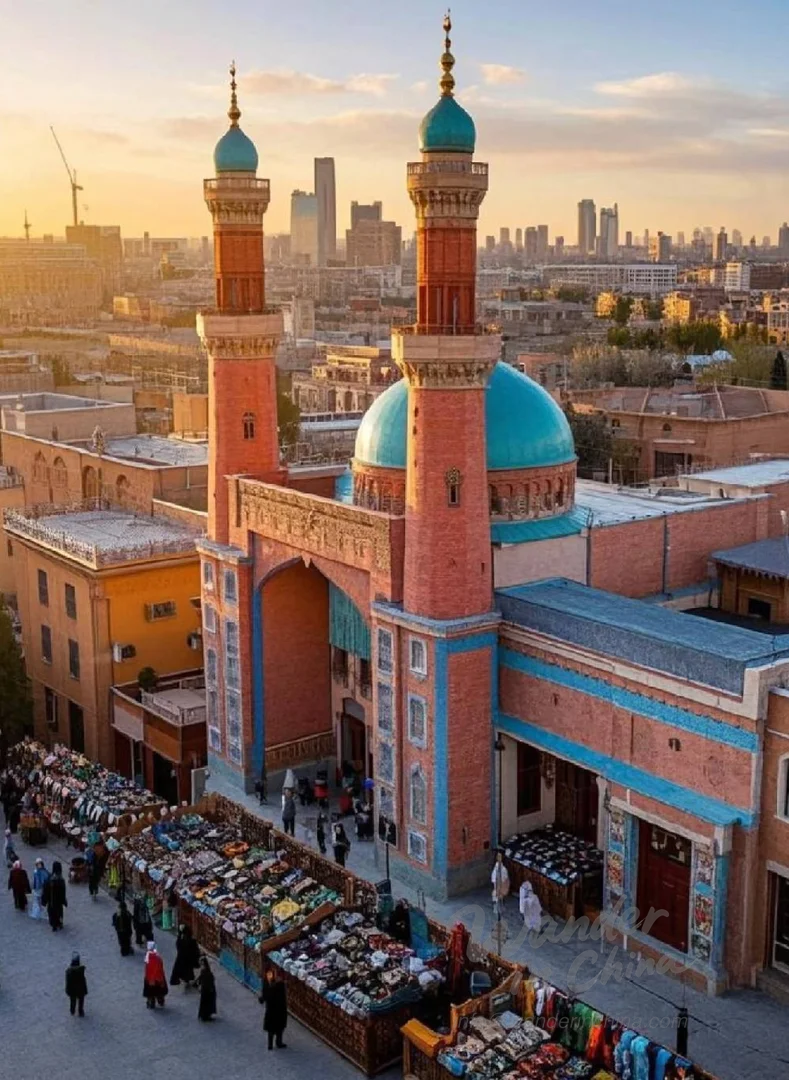 Xinjiang Grand Bazaar Urumqi street scene.